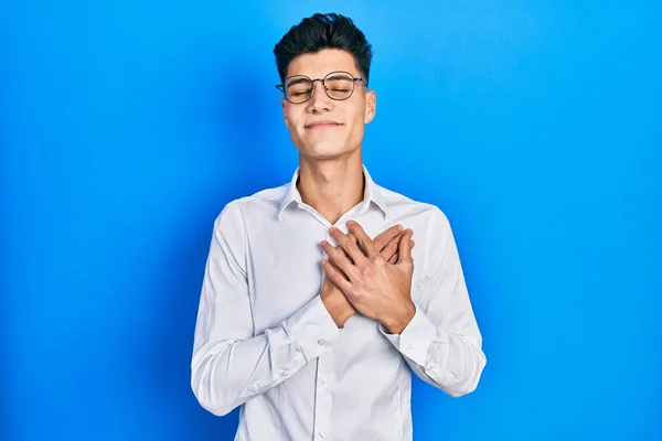 Young Hispanic Man Wearing Casual Clothes Glasses Smiling Hands Chest — Stock Photo, Image