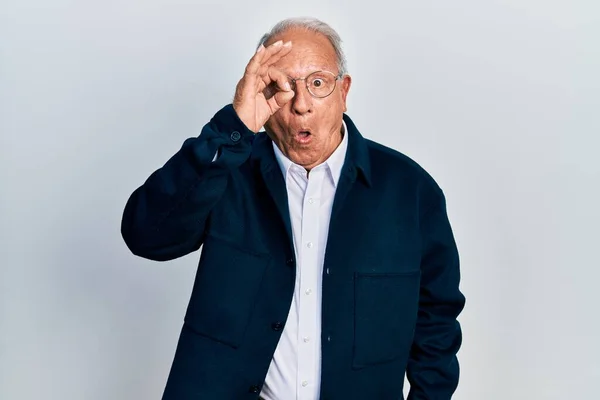 Senior Man Grey Hair Wearing Casual Style Glasses Doing Gesture — Stock Photo, Image