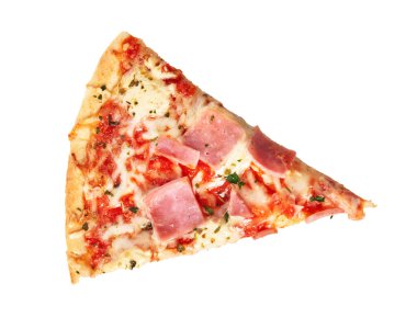 Beyaz arka planda izole edilmiş İtalyan jambonlu pizza dilimi.
