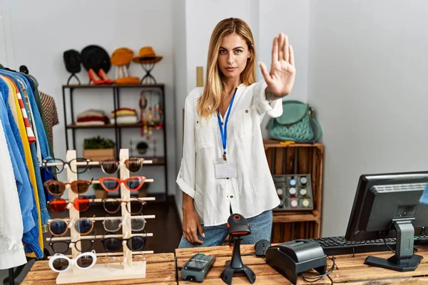 Blonde Beautiful Young Woman Working Manager Retail Boutique Doing Stop — Stok fotoğraf