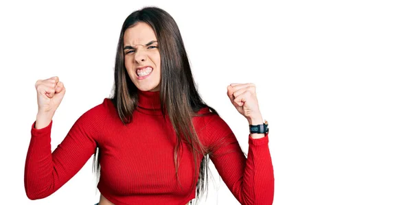 Young Brunette Teenager Wearing Red Turtleneck Sweater Angry Mad Raising — Foto Stock