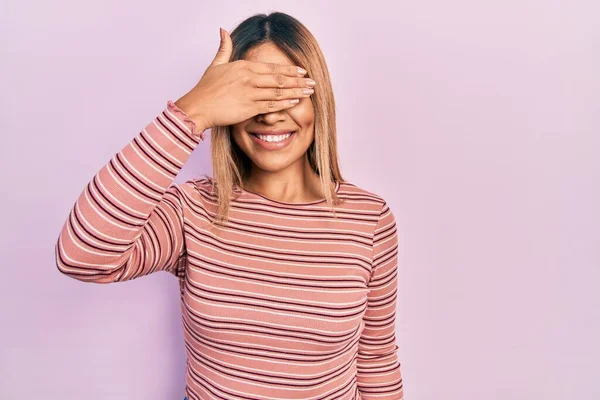 Beautiful Hispanic Woman Wearing Casual Striped Sweater Smiling Laughing Hand — Stockfoto