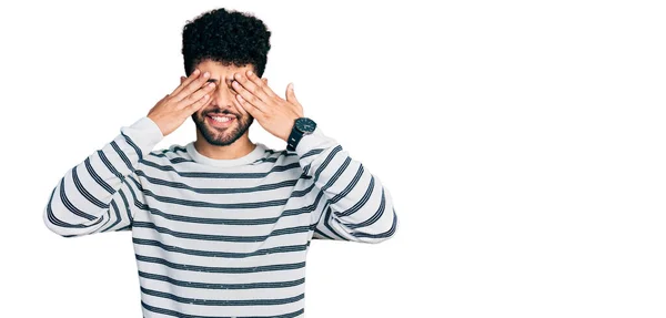 Young Arab Man Beard Wearing Casual Striped Sweater Covering Eyes — Photo