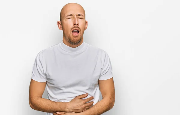 Bald Man Beard Wearing Casual White Shirt Hand Stomach Because — Foto de Stock