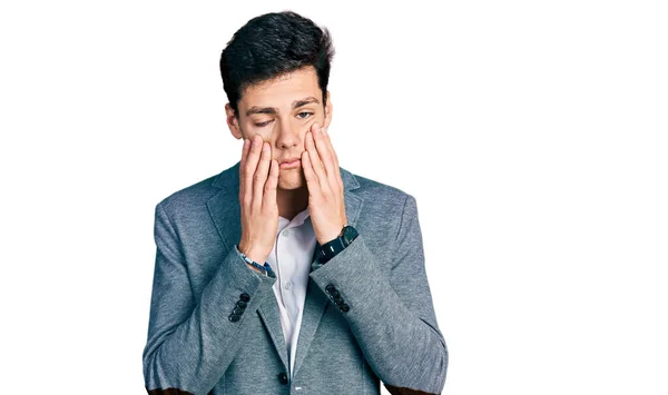 Joven Hombre Hispano Usando Ropa Negocios Manos Cansadas Cubriendo Cara —  Fotos de Stock