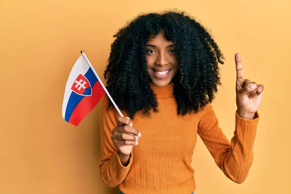 Afrikansk Amerikansk Kvinna Med Afro Hår Håller Slovakiska Flaggan Ler — Stockfoto