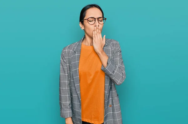 Young Hispanic Girl Wearing Business Jacket Glasses Bored Yawning Tired — Stockfoto