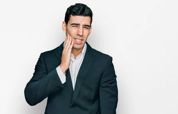 Handsome Hispanic Man Wearing Business Clothes Touching Mouth Hand Painful — Stock Photo, Image