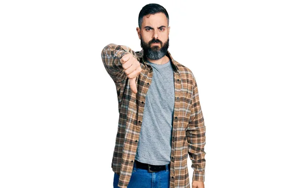 Hispanic Man Beard Wearing Casual Shirt Looking Unhappy Angry Showing — Stok fotoğraf