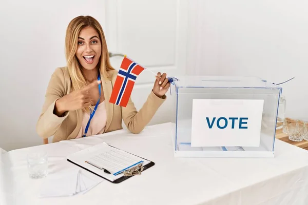 Blonde Beautiful Young Woman Political Campaign Election Holding Norway Flag - Stock-foto