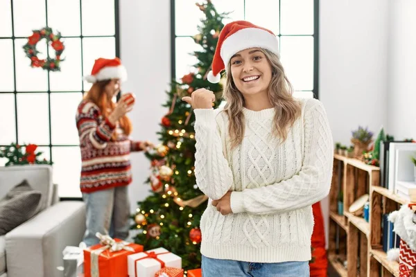Beautiful Couple Home Standing Christmas Tree Smiling Happy Face Looking — Photo