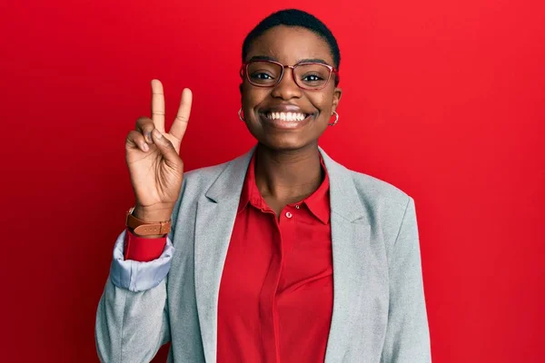 Young African American Woman Wearing Business Jacket Glasses Showing Pointing — Stock Fotó