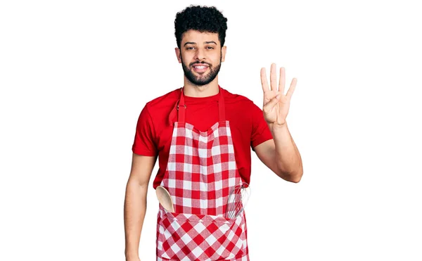 Young Arab Man Beard Wearing Cook Apron Showing Pointing Fingers — Foto de Stock