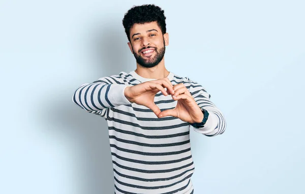 Young Arab Man Beard Wearing Casual Striped Sweater Smiling Love — Stockfoto