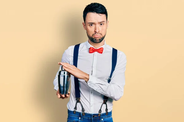 Hispanic Man Beard Preparing Cocktail Mixing Drink Shaker Depressed Worry — Foto Stock