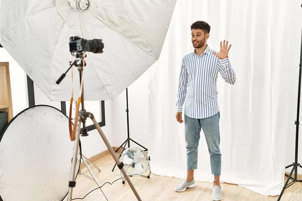 Arab Young Man Posing Model Photography Studio Showing Pointing Fingers — Stockfoto