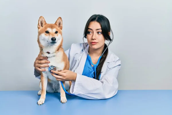 Beautiful Hispanic Veterinarian Woman Checking Dog Health Relaxed Serious Expression —  Fotos de Stock