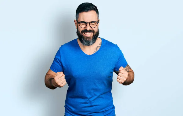 Hispanic Man Beard Wearing Casual Shirt Glasses Very Happy Excited — Photo