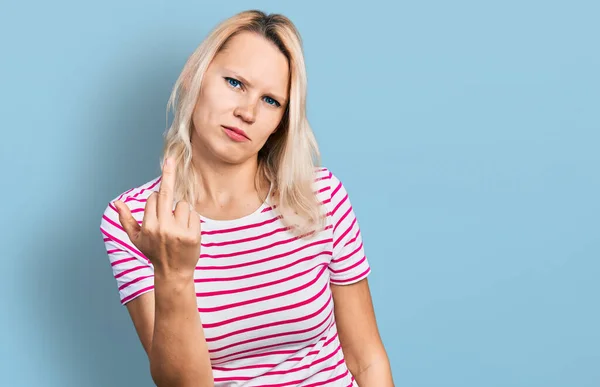 Young Caucasian Woman Wearing Casual Clothes Showing Middle Finger Impolite — Stock Photo, Image