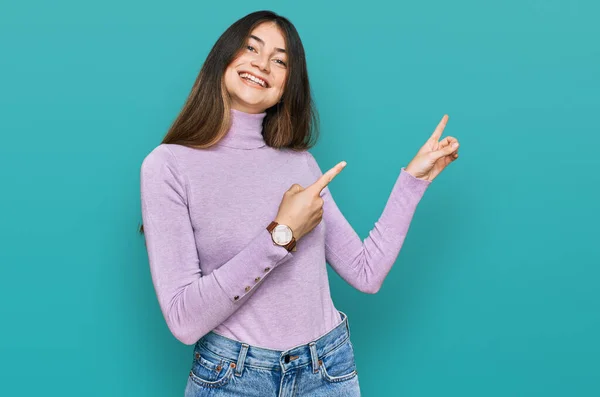 Young Beautiful Teen Girl Wearing Turtleneck Sweater Smiling Looking Camera — 스톡 사진