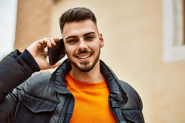 Handsome Hispanic Man Beard Smiling Happy Confident City Wearing Winter — Stock Photo, Image