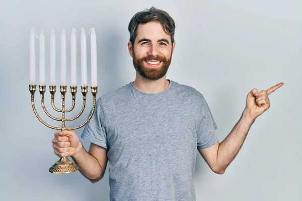 Caucasian Man Beard Holding Menorah Hanukkah Jewish Candle Smiling Happy — Stock Photo, Image