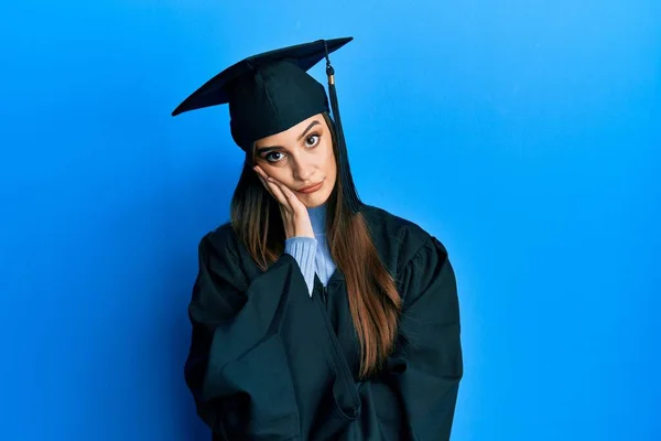 Beautiful Brunette Young Woman Wearing Graduation Cap Ceremony Robe Thinking — Stock Photo, Image