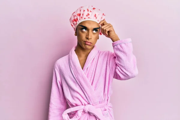 Hispanic Man Wearing Make Wearing Shower Towel Cap Bathrobe Worried — Stock Photo, Image