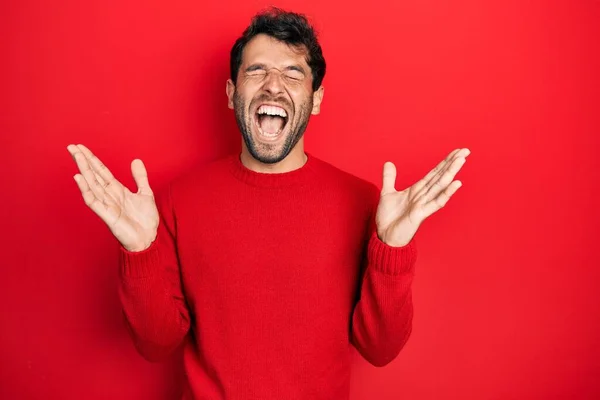 Handsome Man Beard Wearing Casual Red Sweater Celebrating Mad Crazy — Stockfoto