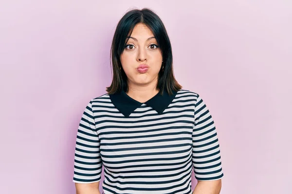 Young Hispanic Woman Wearing Casual Clothes Puffing Cheeks Funny Face — Stock Photo, Image
