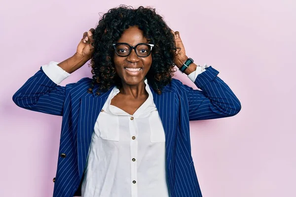 Young African American Woman Wearing Business Clothes Glasses Posing Funny — Stok fotoğraf