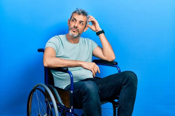 Handsome Middle Age Man Grey Hair Sitting Wheelchair Confuse Wondering — Stockfoto