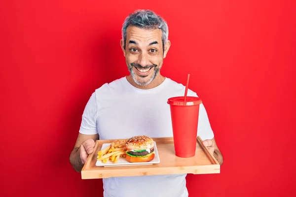 Handsome Middle Age Man Grey Hair Eating Tasty Classic Burger — Photo
