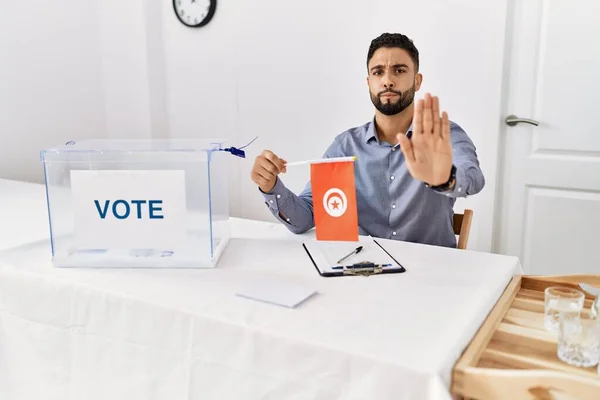 Young Handsome Man Beard Political Campaign Election Holding Tunisia Flag — Stock Photo, Image