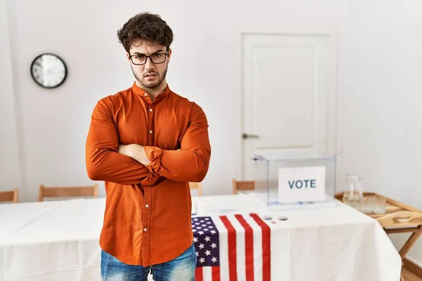 Hispanic Man Standing Election Room Skeptic Nervous Disapproving Expression Face — Stockfoto