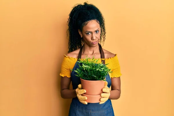 Mulher Americana Africana Meia Idade Segurando Vaso Plantas Cético Nervoso — Fotografia de Stock