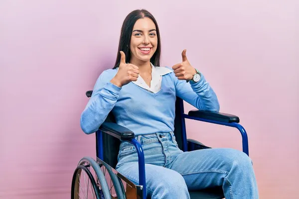 Beautiful Woman Blue Eyes Sitting Wheelchair Success Sign Doing Positive — Stock Photo, Image