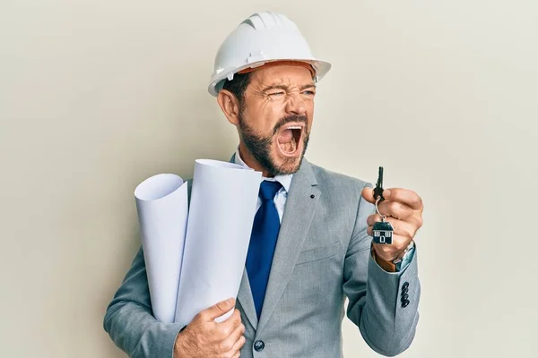 Middle Age Architect Man Wearing Safety Helmet Holding Blueprints New — Stockfoto