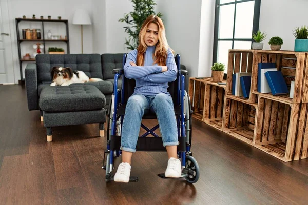 Young Beautiful Woman Sitting Wheelchair Home Skeptic Nervous Disapproving Expression — Stok fotoğraf