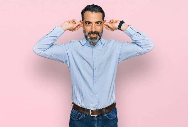 Middle Aged Man Beard Wearing Business Shirt Smiling Pulling Ears — Stockfoto