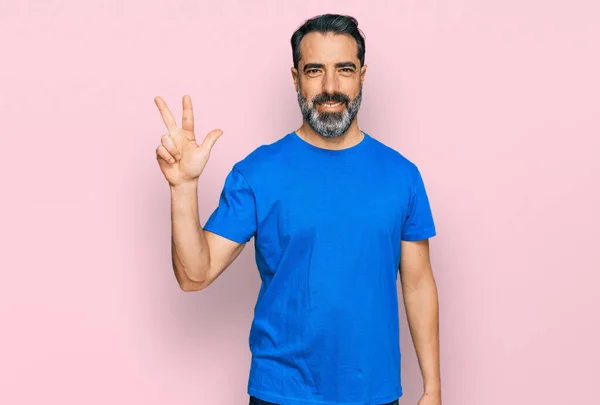 Middle Aged Man Beard Wearing Casual Blue Shirt Showing Pointing — Stockfoto
