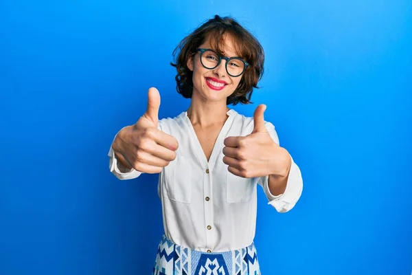 Young Brunette Woman Wearing Casual Clothes Glasses Approving Doing Positive — Stock Photo, Image