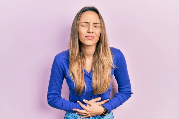 Beautiful Hispanic Woman Wearing Casual Blue Shirt Hand Stomach Because — Stockfoto