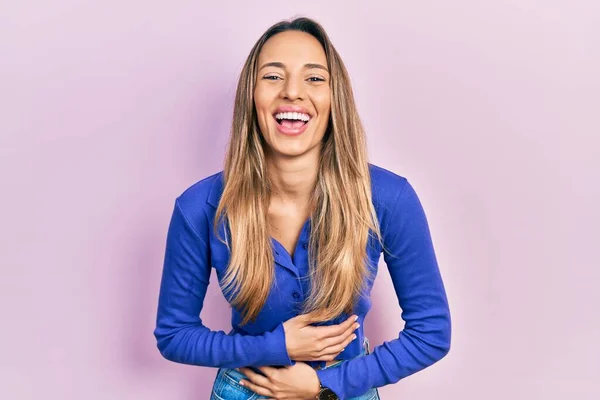 Beautiful Hispanic Woman Wearing Casual Blue Shirt Smiling Laughing Hard — Fotografia de Stock