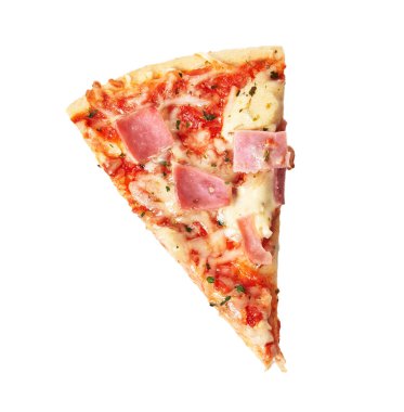  Beyaz arka planda izole edilmiş İtalyan jambonlu pizza dilimi.