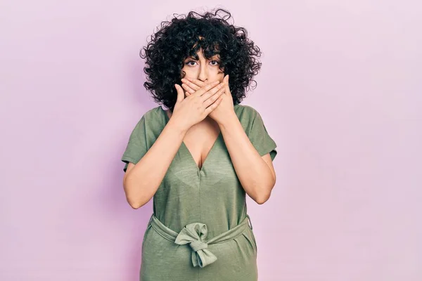 Young Middle East Woman Wearing Casual Clothes Shocked Covering Mouth — Stockfoto
