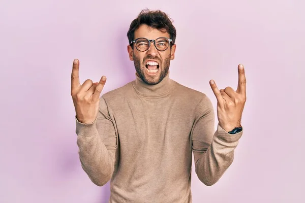 Handsome Man Beard Wearing Turtleneck Sweater Glasses Shouting Crazy Expression — 스톡 사진
