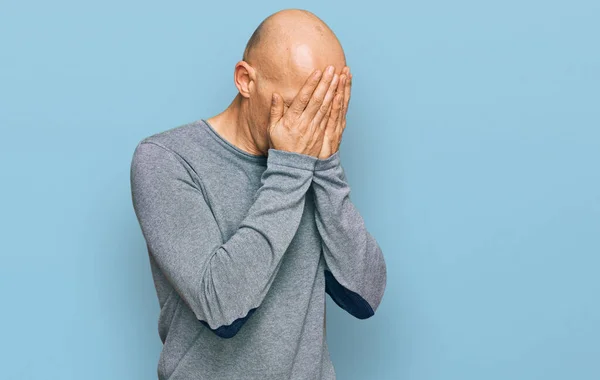 Bald Man Beard Wearing Casual Clothes Sad Expression Covering Face — Foto Stock