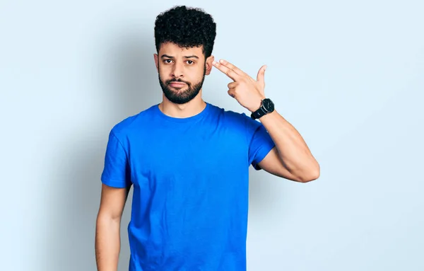 Young Arab Man Beard Wearing Casual Blue Shirt Shooting Killing — Stockfoto