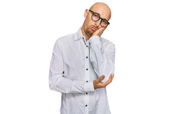 Bald Man Beard Wearing Business Shirt Glasses Thinking Looking Tired — Stok fotoğraf